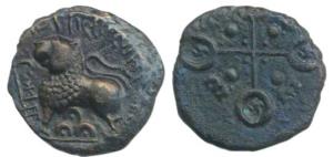 Satavahanas, Siri Satakarni, Junnar Area, Potin Unit, 5.83g, lioness standing left in fron