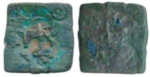 Satavahanas, Copper Unit, 2.56g, Brahmi legend ’Kanas’ in centre on obv., tree in railing 
