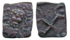 Satavahana, Sadavahana, Copper Fraction, 0.50g, a standing mythical lion facing front, wit