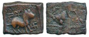 Satavahana, Satakarni, Copper Unit, 1.77g, Nasik Area, lion standing facing right, swastik