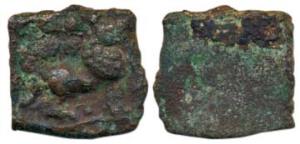 Satavahanas, Satakarni I, Copper Unit, 2.20g, Junnar Lion type, lion facing left on obv. F