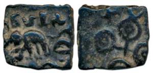 Satavahanas, Satakarni I, Ujjaini region, Copper Karshapana, 2.14g, obv. an elephant and l