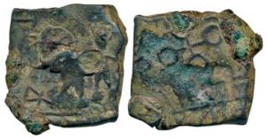Satavahanas, Satakarni I, Vidarbha region, rectangular Copper ½ Karshapana, 8.61g, Error, 