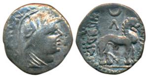 Kushans, Yueh-chi, Sapadbizes (c. 20-0 BC), Silver Hemidrachm, 1.45g, obv. helmeted bust o