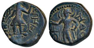 Kushans, Kanishka (127/28-152 AD), Copper ¼ Unit, 4.85g, obv. king standing facing holding