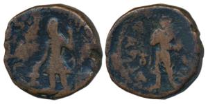 Kushanas, Kanishka I, Copper Tetradrachm, 17.28g, obv. king standing facing head left, sac