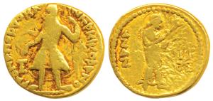 Kushanas, Kanishka I, Gold Dinar, 7.53g, Mint I (A), 3rd emission, obv. king diademed and 