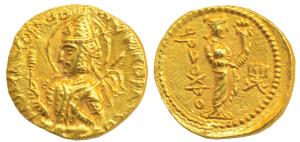 Kushanas, Huvishka, Gold Dinar, 8.05g, Mint I (A), 4th emission, obv. nimbate and helmeted