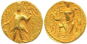 Kushanas, Vashishka, Gold Dinar, 7.81g, obv. king standing left, holding a trident in righ