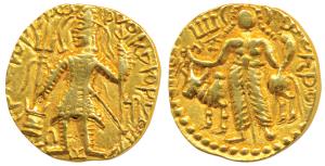 Kushanas, Vasudeva II, Gold Dinar, 7.76g, obv. king standing facing, head left, flames on 