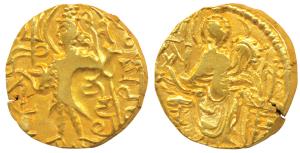Later Kushanas, Kipanada (c. 340-360 AD), Gold Dinar, 7.67g, obv. king nimbate standing le