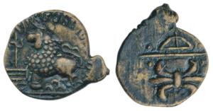Western Kshatrapas, Nahapana, Potin Unit, 4.83g, Junnar Lion type, lion standing left in f