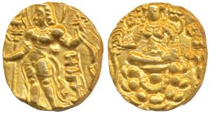 Guptas, Chandragupta II, Gold Heavy Dinar, 8.08g, Archer type, king nimbate, standing left