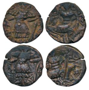 Huns, Kashmir, Toramana (c. 540-570 AD), Copper Drachma, obv. king standing slightly left,