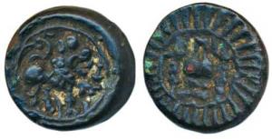 Vishnukundin Dynasty, Copper base alloy Unit, 9.14g, lion to right with upraised paw on ob
