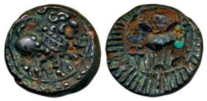 Vishnukundin Dynasty (c. 450-615 AD), Copper base alloy Unit, 5.42g, lion to right with up
