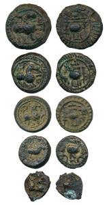 Vishnukundin Dynasty, Copper base alloy Unit, all different sizes and weights, lion to rig
