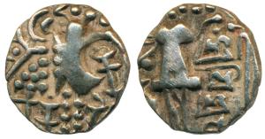 Karkotakas of Kashmir, Vigrahapala, Base Gold Dinara, 7.57g, seated goddess with legend Sh