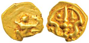 Shilaharas of Kolhapur (c. 10-11th century AD), Gold Double Fanam, 0.77g, trishul on obv.,