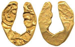 Shilaharas of Kolhapur or Feudatories, Gold U-Shaped Fanam, 0.46g, three punches, two with