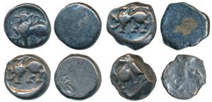 Yadavas of Devagiri, Silver Kasu (4), lion walking to left with upraised leg on rev., rule
