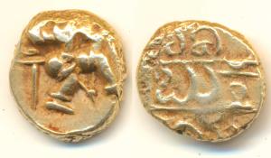 Vijayanagar Empire, Bukka Raya I (1344-1377 AD), Gold Pagoda, 3.36g, warrior walking to ri