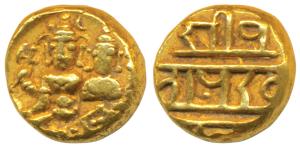 Vijayanagar Empire, Devaraya I, Gold Pagoda, 3.4g, Shiva-Parvati seated with Shiva holding