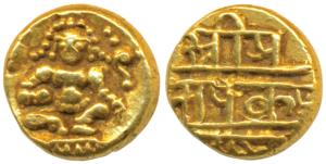 Vijayanagar Empire, Krishna Deva Raya, Gold ½ Pagoda, 1.69g, seated Balakrishna flanked by