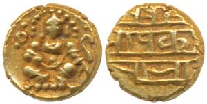 Vijayanagar Empire, Krishna Deva Raya, Gold ½ Pagoda, 1.67g, seated Balakrishna flanked by