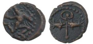 Banas of Madurai, Copper Kasu, obv. Garuda flanked by conch and discus running right holdi