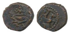Thanjavur Nayakas, Copper Kasu, obv. Rama holding spear on horseback to right, rev. Kartti