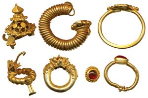 Gold Jewellery (7), 17.08g, river find, such as ear ornaments, nose ring, ring and Mukuts,