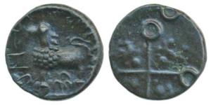 Satavahana, Sri Satakarni, Potin Unit, 3.65g, lion standing left in front of a Yupa in rai