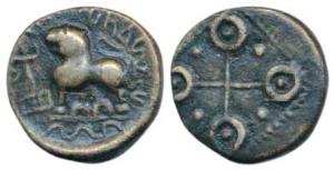 Satavahana, Siri Satavahanasa, Potin Unit, 2.73g, lion standing left in front of a Yupa in