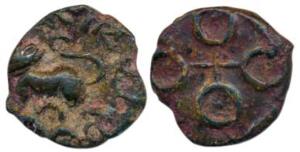 Satavahanas, Satakarni, Potin Unit, 2.23g, Junnar Type, lioness facing left with Brahmi le