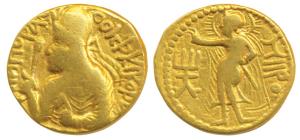 Kushanas, Huvishka (c. 126-164 AD), Gold Dinar, obv. crowned half-length bust of the king 