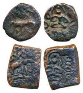 Kalchuris of Mahishmati (c. 5th century AD), Copper Unit, elephant rider walking to right 