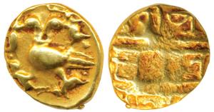 Vijayanagar Empire, Achyuta Deva Raya (1529-1542 AD), Gold ½ Pagoda, 1.68g, obv. Gandabher