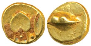 Anonymous, Hudki Gold Pagoda, 3.36g, a boat like uncertain symbol on obv., possibly the Go