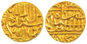 Akbar, Gold Mohur, 11.02g, Dar-ul- Khilafat Agra Mint, AH 981, Kalima on obv. within curve