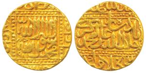 Akbar, Gold Mohur, 10.81g, Dar-ul- Khilafat Agra Mint, AH 981, Kalima on obv. within dotte
