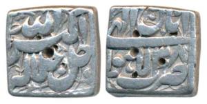 Akbar, Silver Square Rupee, 11.17g, Lahore Mint, Ilahi Type, Month Aban, Year 38 (KM 88.3)