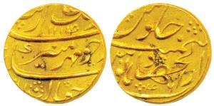 Aurangzeb, Gold Mohur, 10.92g, Dar-ul-Jihad Haiderabad Mint, AH 1114/42, mint name on the 