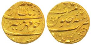 Aurangzeb, Gold Mohur, Khujista Bunyad Mint, AH 1115/47, complete mint name at bottom (KM 
