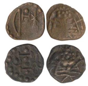 Copper Kasu, obv. sun and moon, a symbol formed with pellets and a lamp; the second obv. b