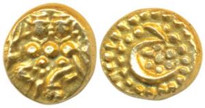 Haider Ali, Gold Fanam, obv Shiva and Parvati, Persian letter ’He’ on rev. (KM 8). Extreme