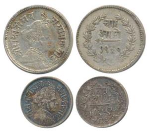 Sayaji Rao III, Silver ¼ Rupee and 1/8 Rupee (4 and 2 Annas), VS 1949 and 1952 (KM Y35a, 3