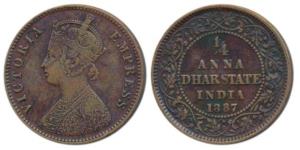 Anand Rao III (1860-1898 AD), Copper ¼ Anna, 6g, Calcutta Mint, with the portrait of Victo