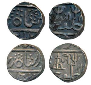 Jankoji Rao, in the name of Shah Alam II, bow and arrow pointing up, ‘Je’ and trishul; Jay