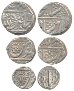 Tukoji Rao II (AH 1261-1304, 1844-1886 AD), set of 3, Silver Rupee, ½ and 1/4, Malhar Naga